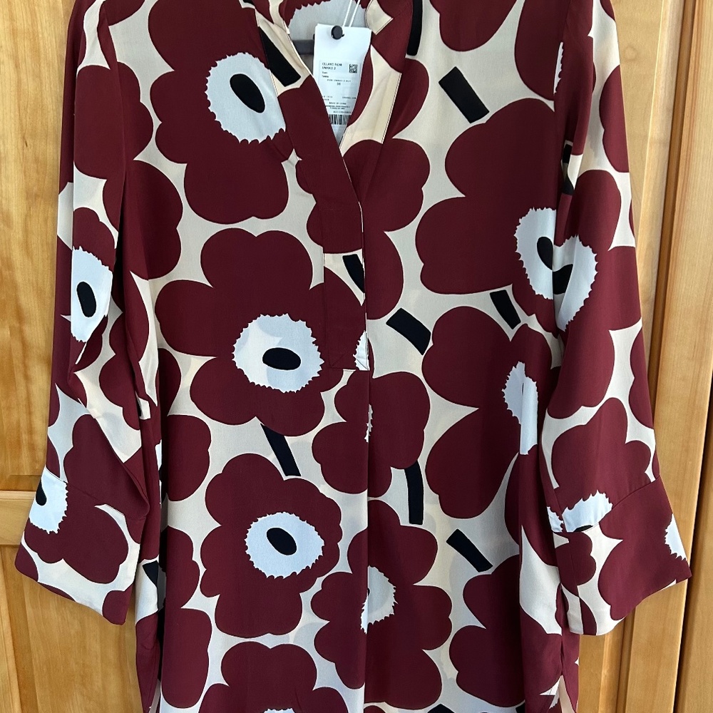 Marimekko Ollako Pieni Unikko Tunic, Size 36, ReddishBrown, Sand, Off-White, NWT